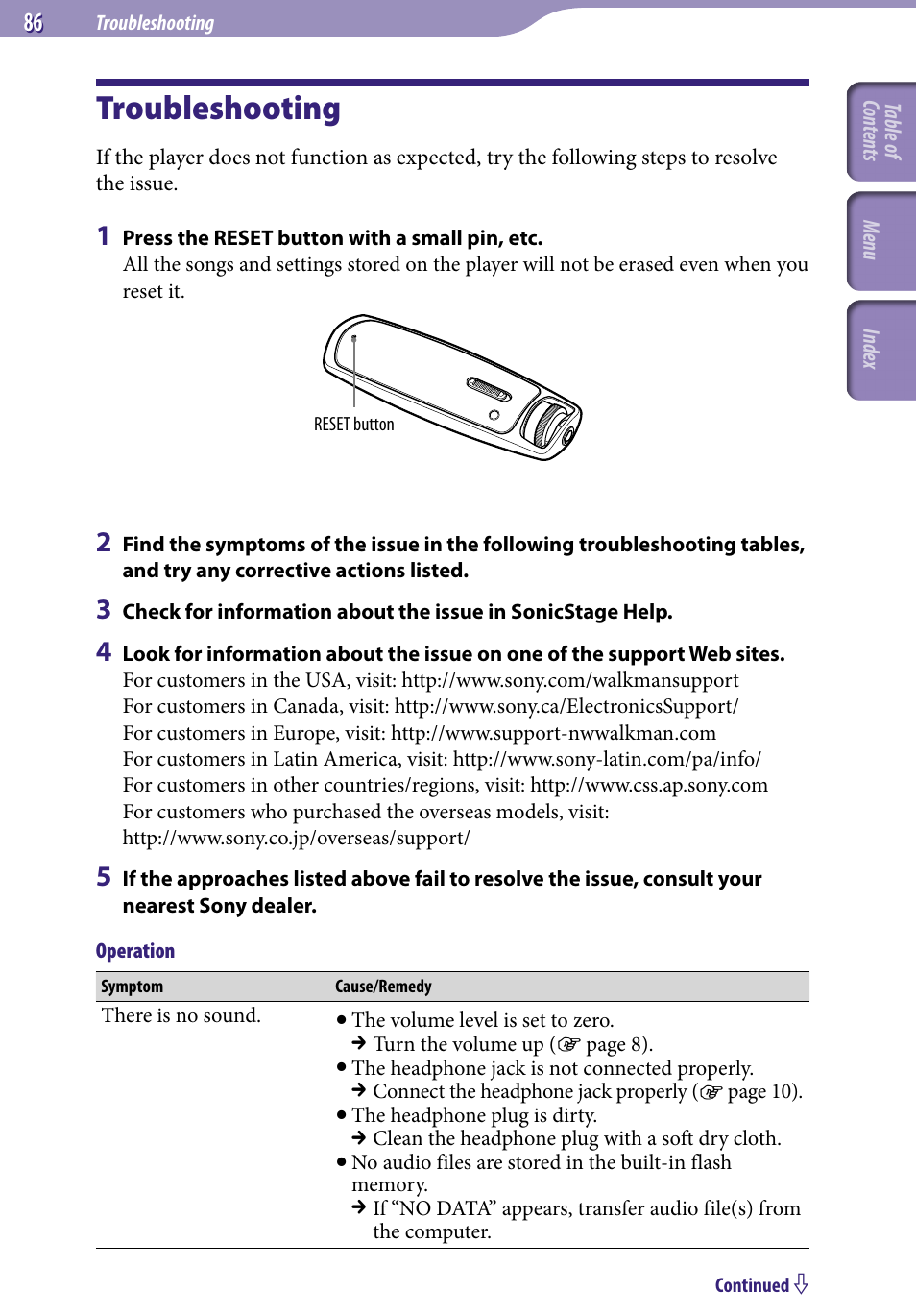 Troubleshooting | Sony NW-S705FBLACK User Manual | Page 86 / 113