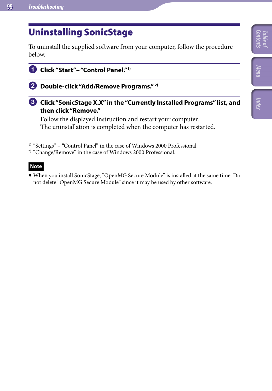 Uninstalling sonicstage | Sony NW-S705FBLACK User Manual | Page 99 / 113