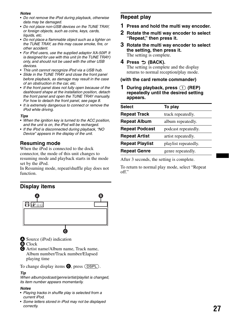 Display items, Repeat play, Display items repeat play | Sony DSX-S300BTX User Manual | Page 27 / 152