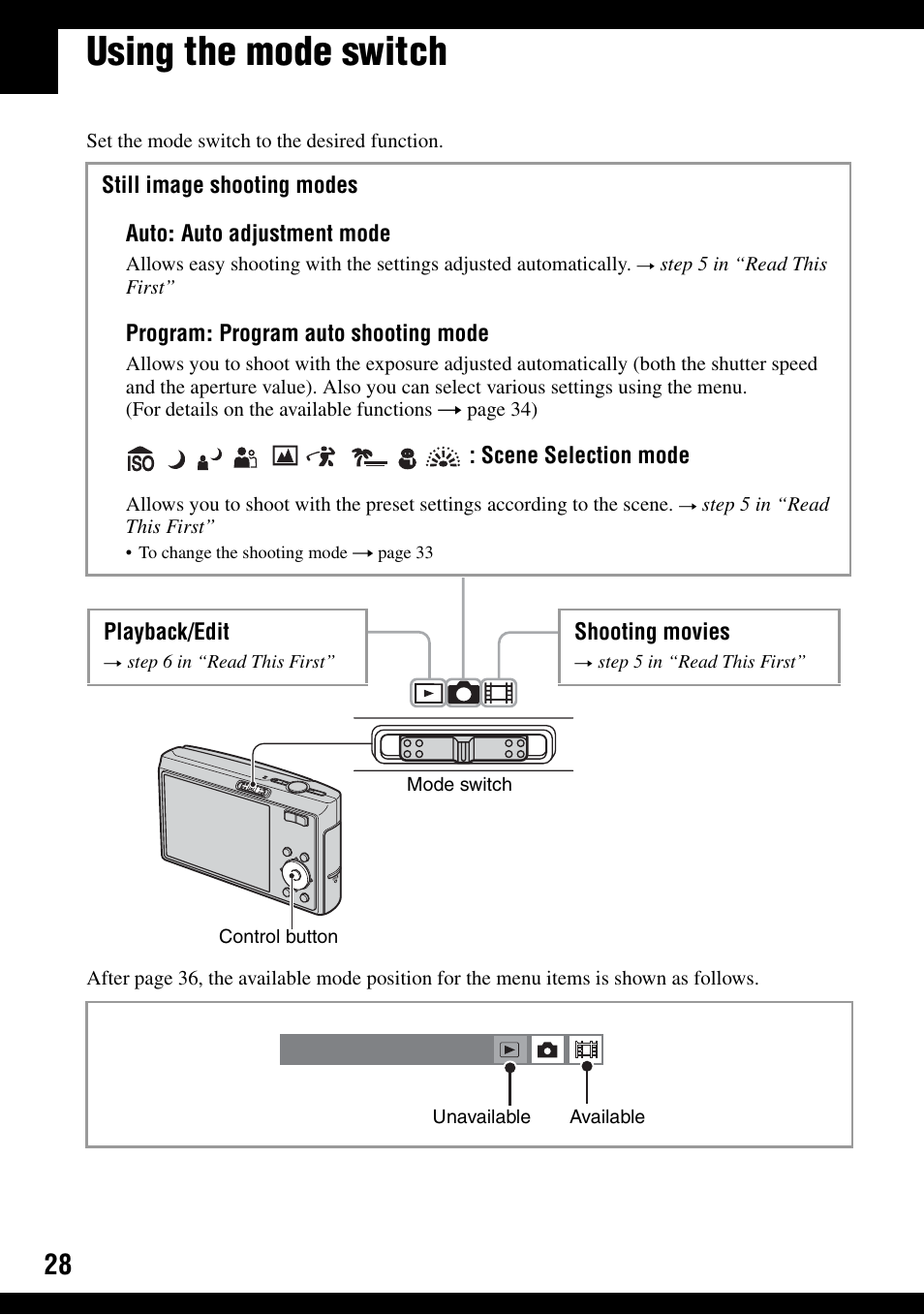 Using the mode switch, De (28, 42) | Sony DSC-T30 User Manual | Page 28 / 119