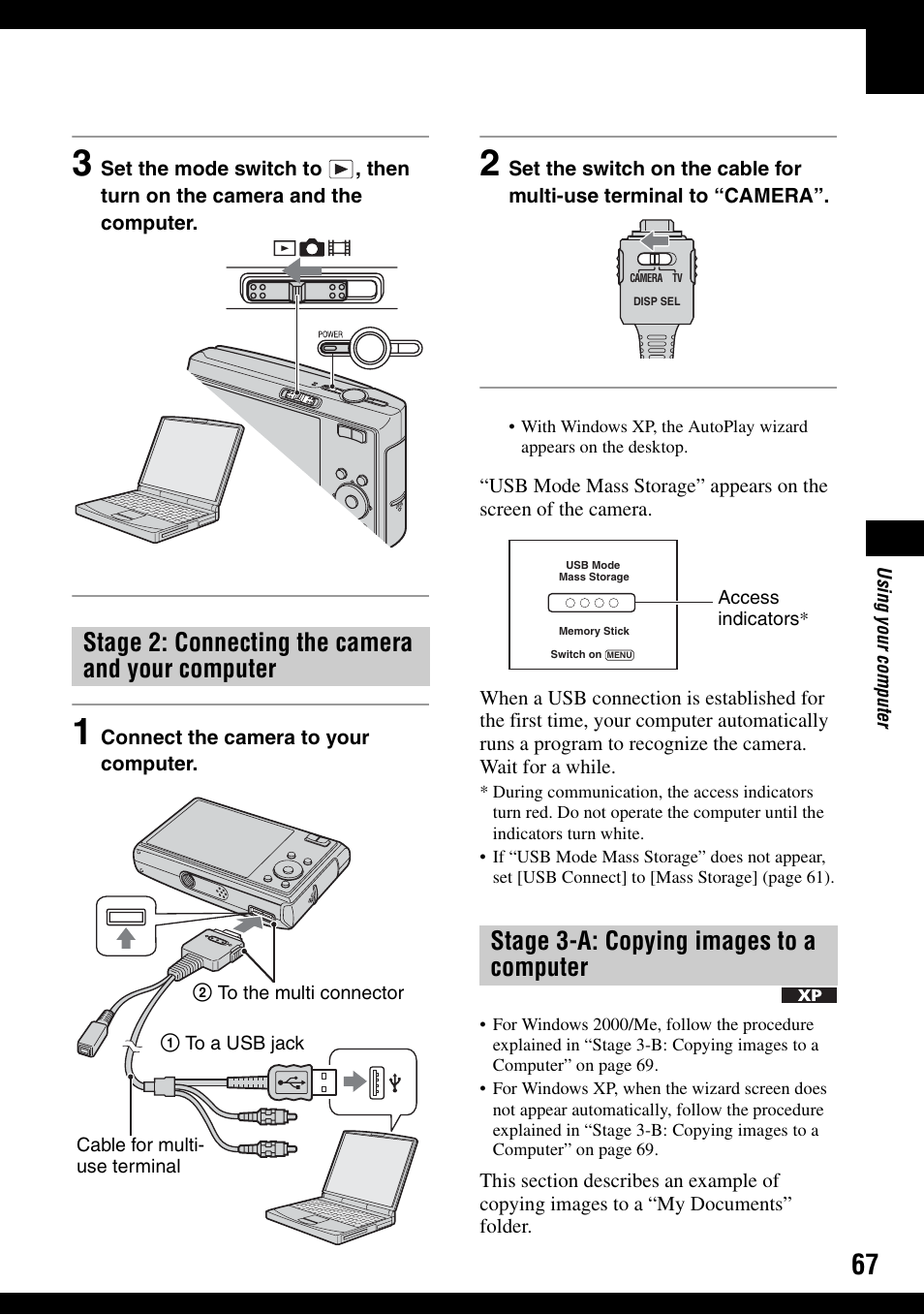 Stage 2: connecting the camera and your computer, Stage 3-a: copying images to a computer | Sony DSC-T30 User Manual | Page 67 / 119