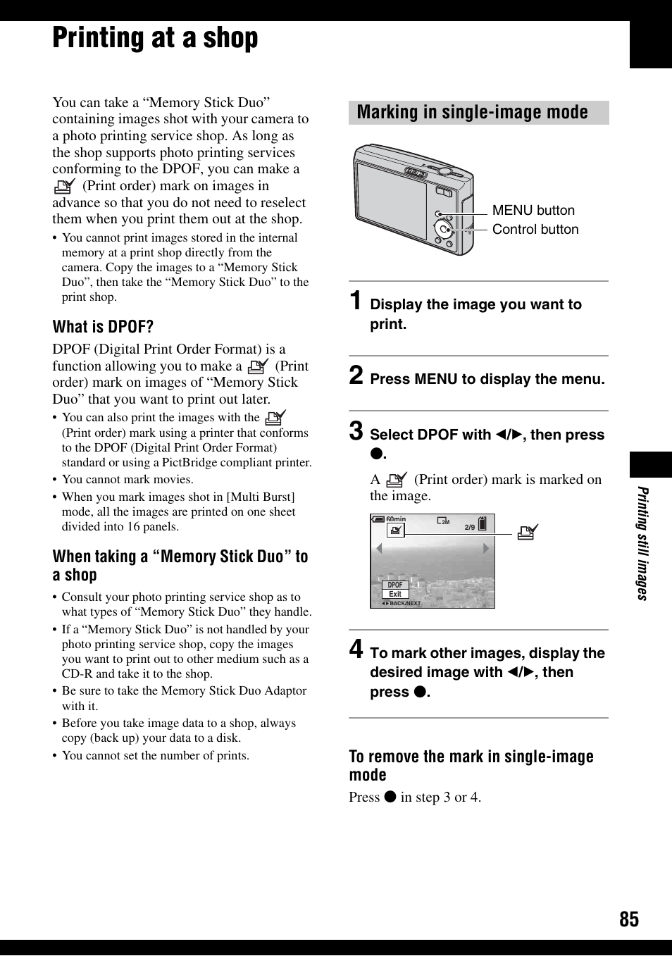 Printing at a shop, Marking in single-image mode | Sony DSC-T30 User Manual | Page 85 / 119