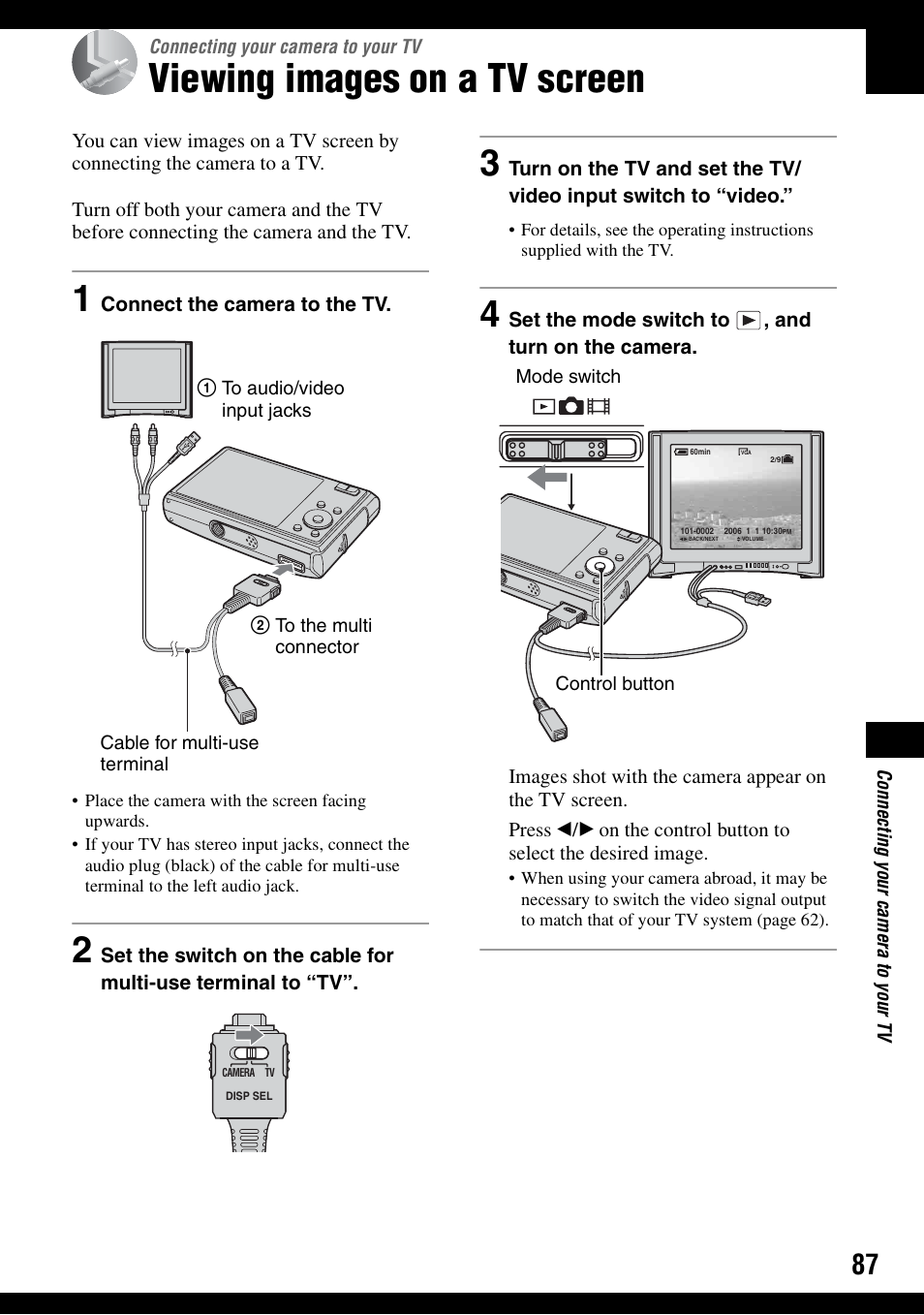 Connecting your camera to your tv, Viewing images on a tv screen | Sony DSC-T30 User Manual | Page 87 / 119