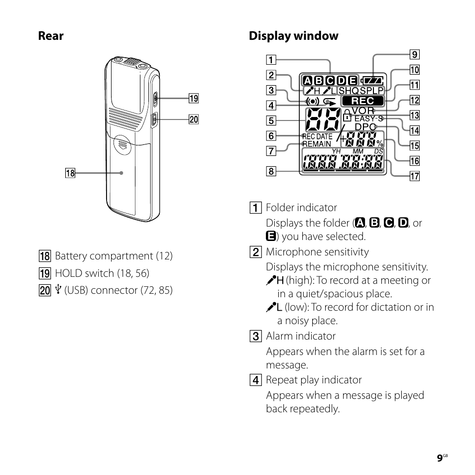 Rear, Display window | Sony ICD-PX720 User Manual | Page 9 / 96