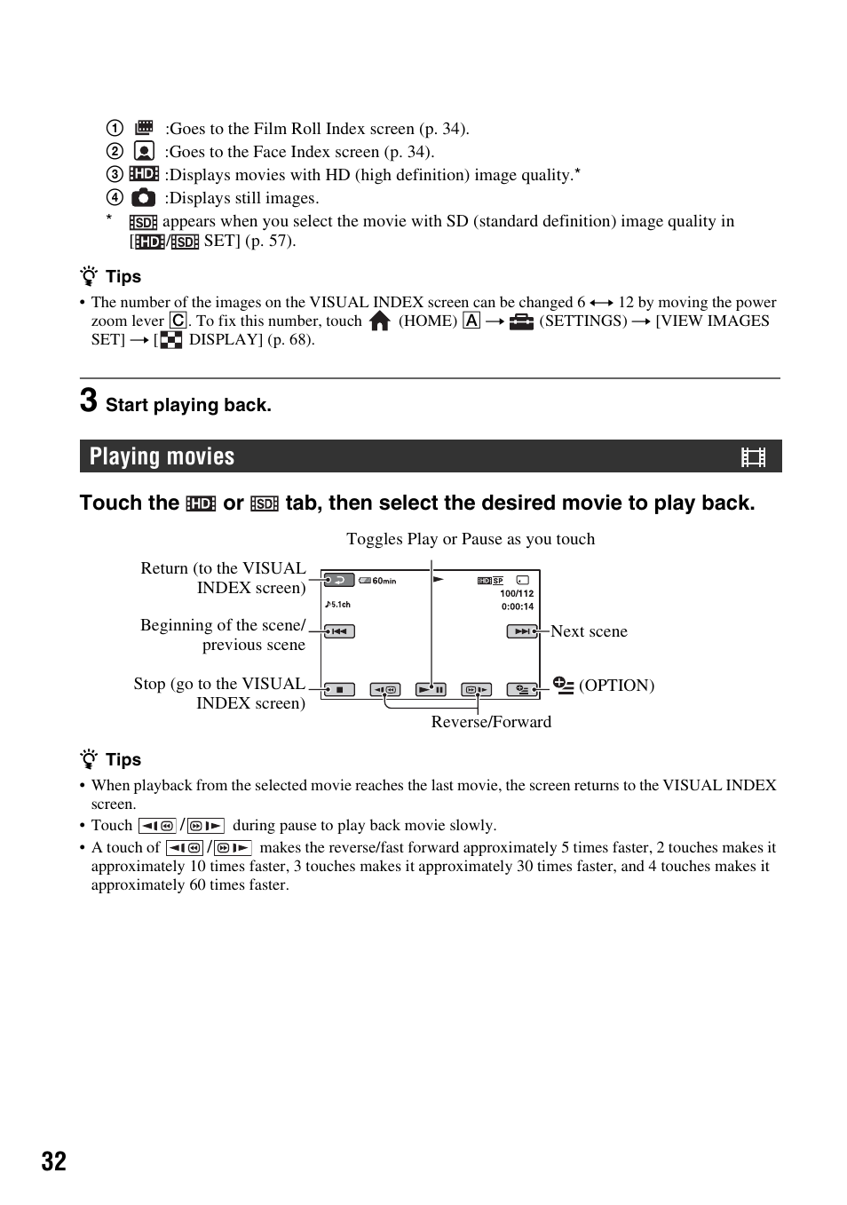 Playing movies | Sony HDR-TG1 User Manual | Page 32 / 109