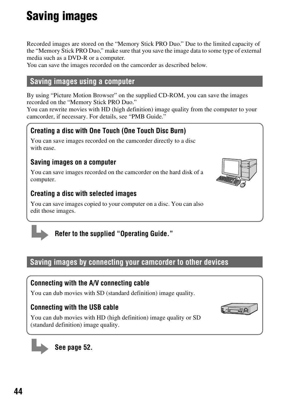 Saving images, P. 44) | Sony HDR-TG1 User Manual | Page 44 / 109