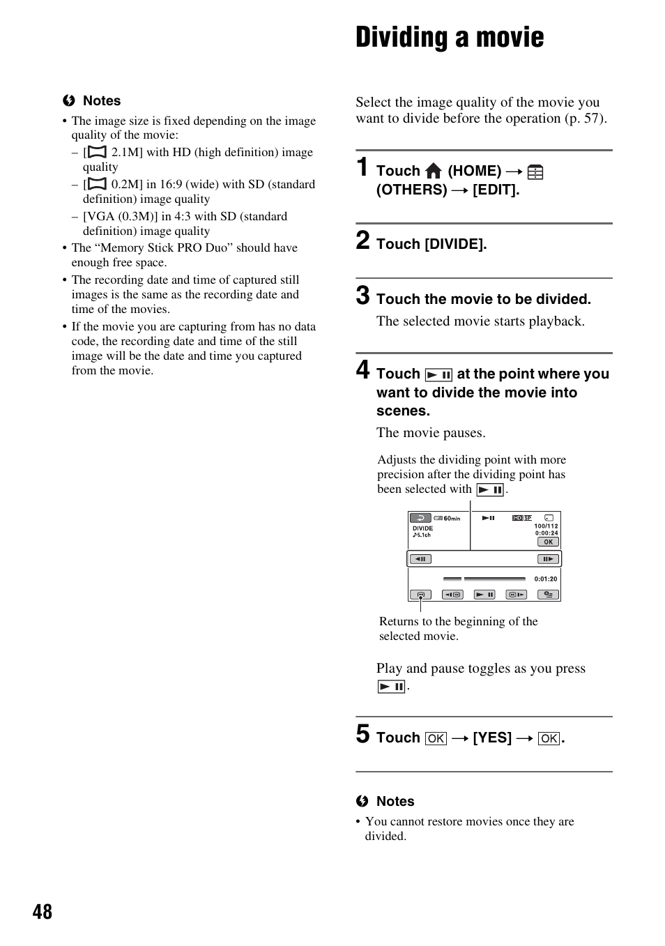Dividing a movie, P. 48) | Sony HDR-TG1 User Manual | Page 48 / 109