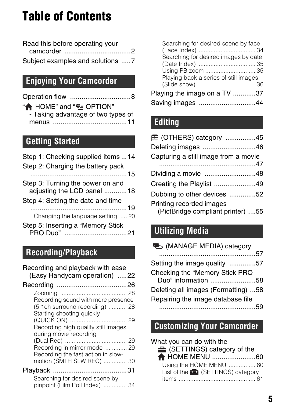 Sony HDR-TG1 User Manual | Page 5 / 109