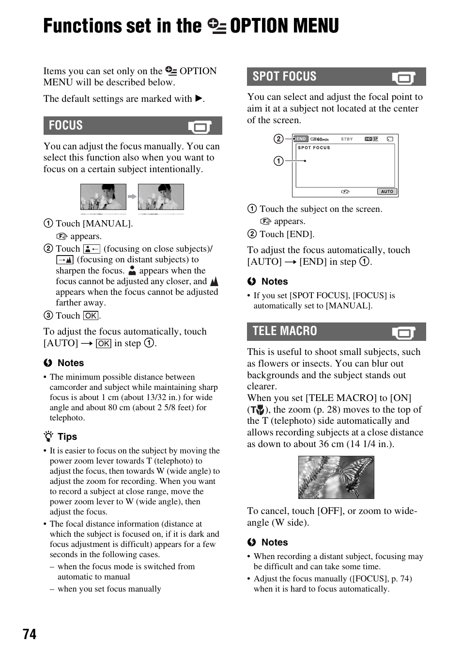 Functions set in the option menu, Functions set in the, Option | Menu, Focus spot focus tele macro | Sony HDR-TG1 User Manual | Page 74 / 109