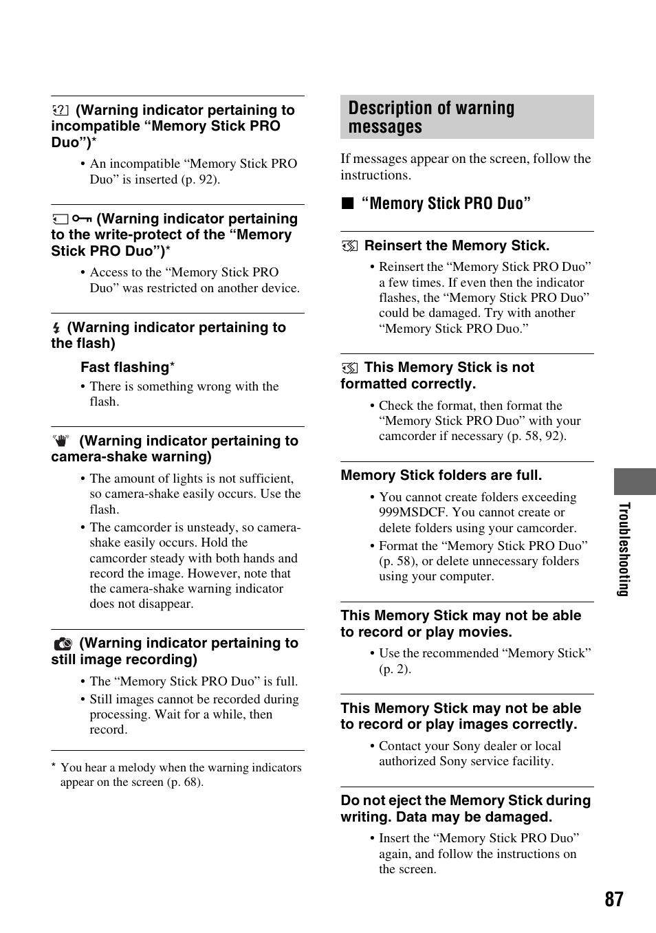 Description of warning messages | Sony HDR-TG1 User Manual | Page 87 / 109
