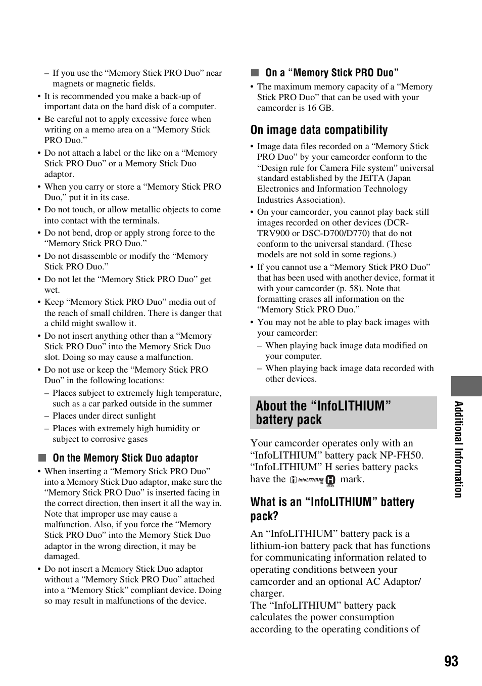 About the “infolithium” battery pack, P. 93, P. 93) | On image data compatibility, What is an “infolithium” battery pack | Sony HDR-TG1 User Manual | Page 93 / 109
