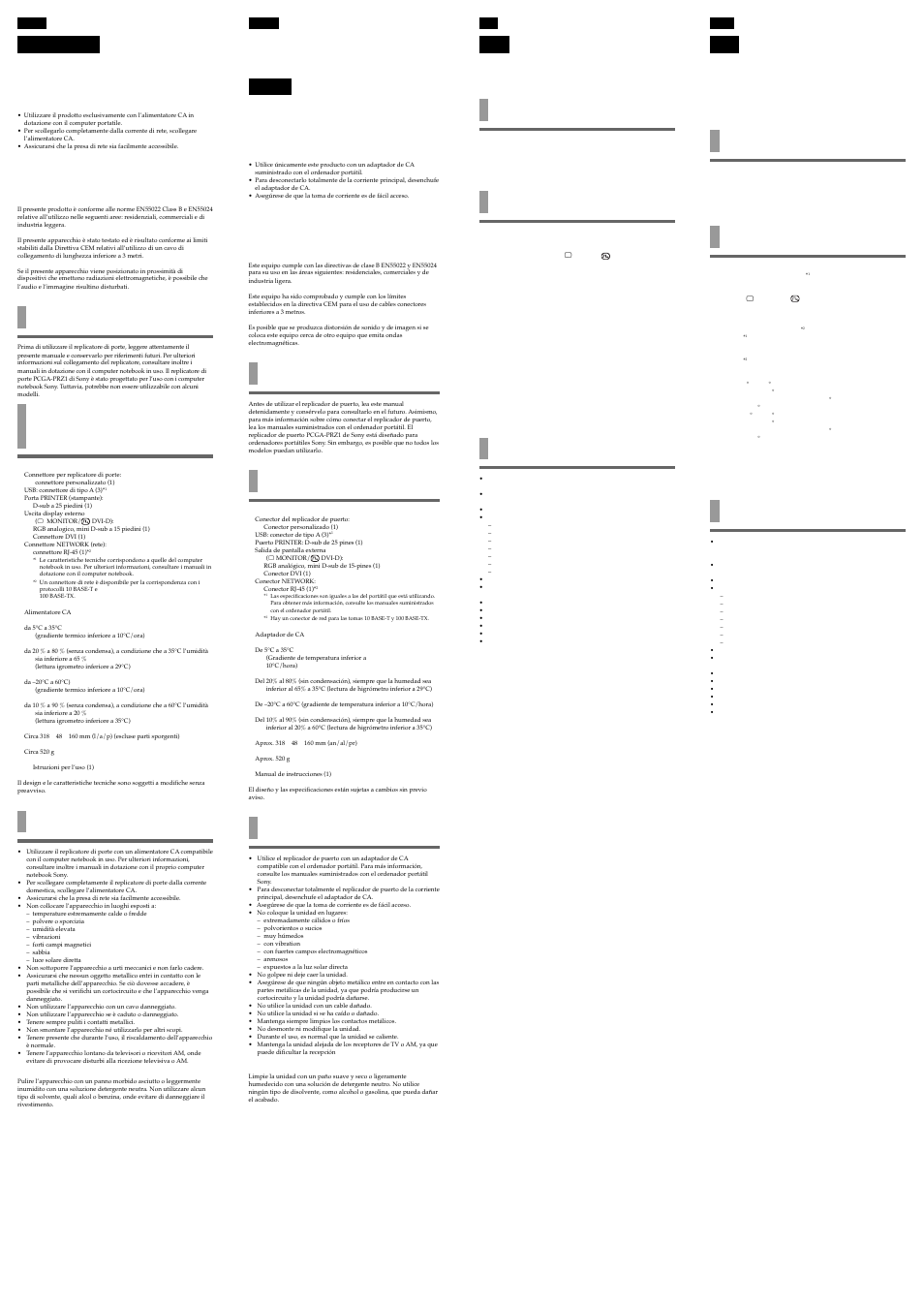 Operazioni preliminari, Caratteristiche tecniche, Antes del uso | Especificaciones, Notas sobre el uso, 使用之前, 使用注意事項, 사용하시기 전에, 사용상의 주의, Avvertenza | Sony PCGA-PRZ1 User Manual | Page 2 / 2
