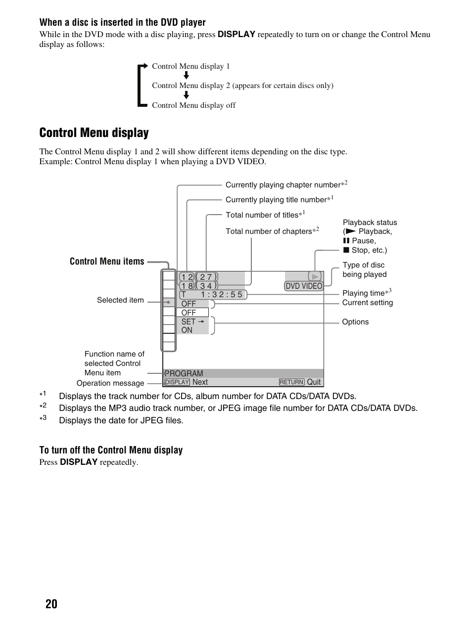 Control menu display | Sony DMX-DVD User Manual | Page 20 / 56