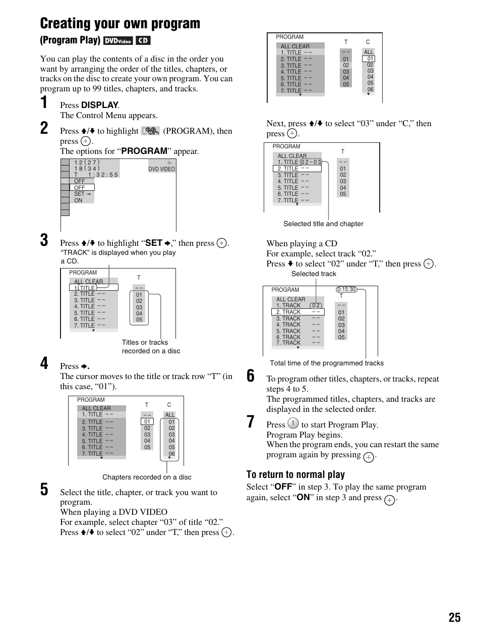 1 press display. the control menu appears, 3 press v/v to highlight “set b,” then press, Creating your own program | Program play) | Sony DMX-DVD User Manual | Page 25 / 56