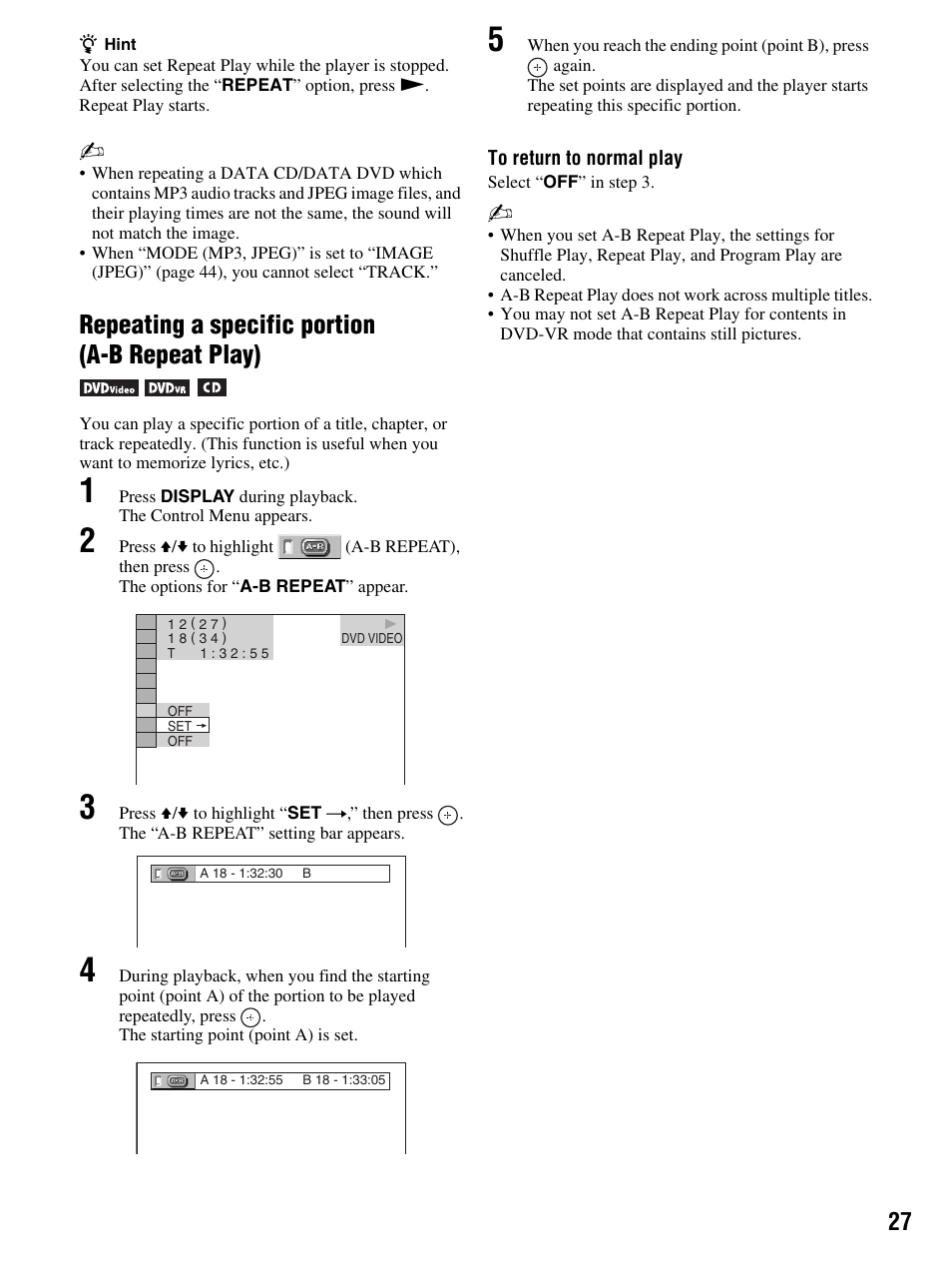 Repeating a specific portion (a-b repeat play) | Sony DMX-DVD User Manual | Page 27 / 56
