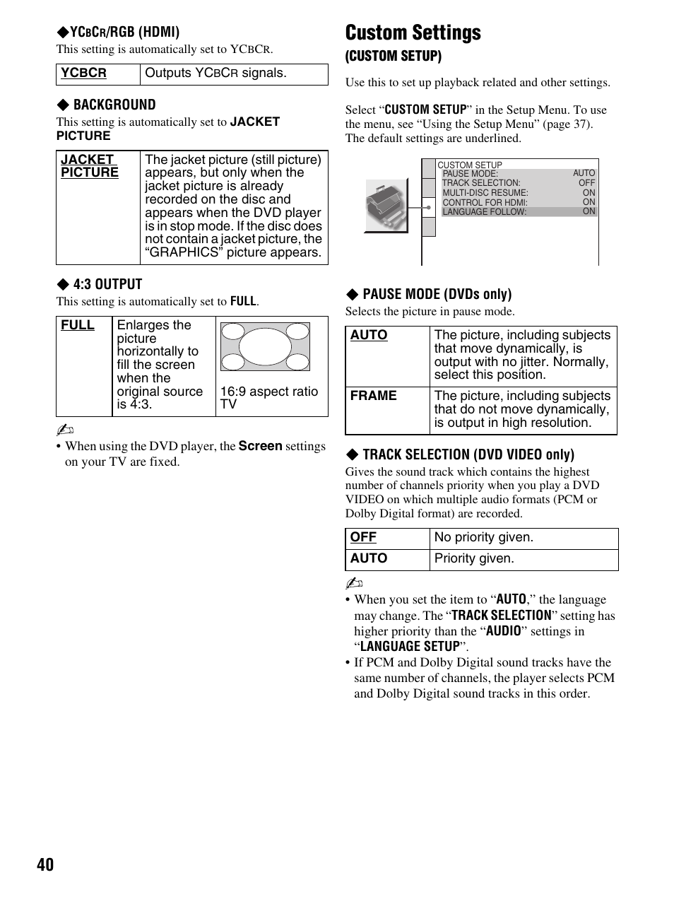 Custom settings | Sony DMX-DVD User Manual | Page 40 / 56