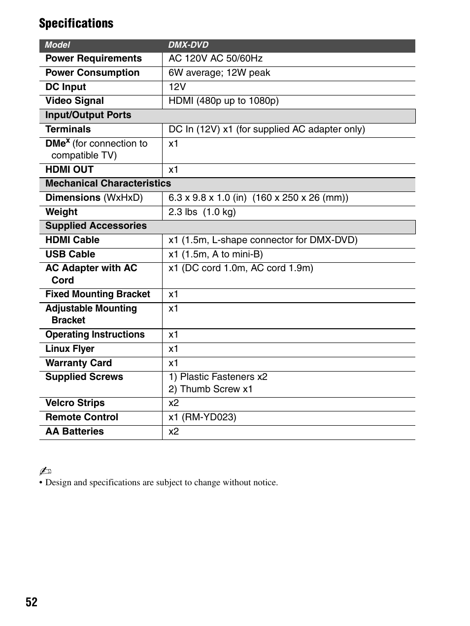 Specifications | Sony DMX-DVD User Manual | Page 52 / 56