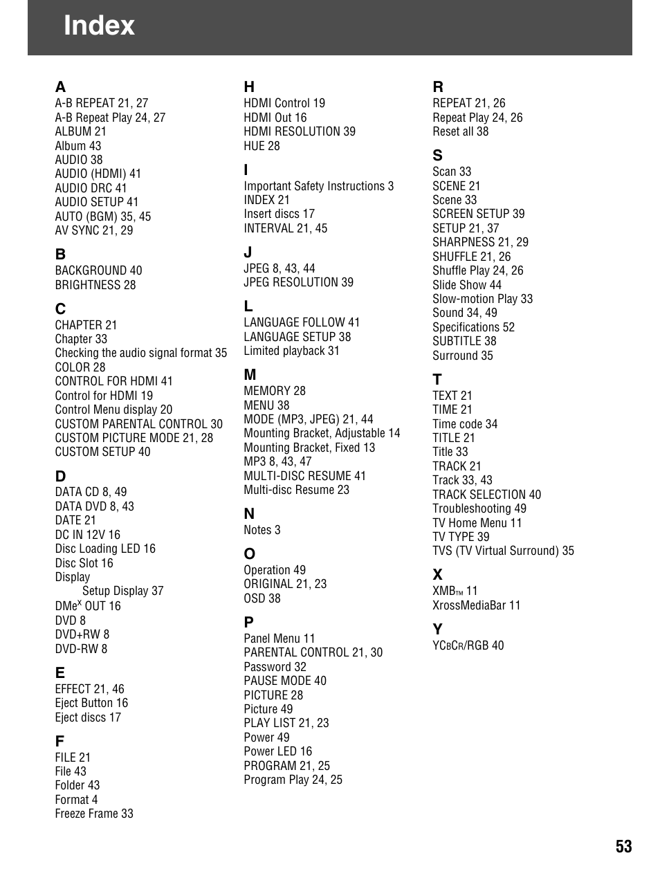 Index | Sony DMX-DVD User Manual | Page 53 / 56