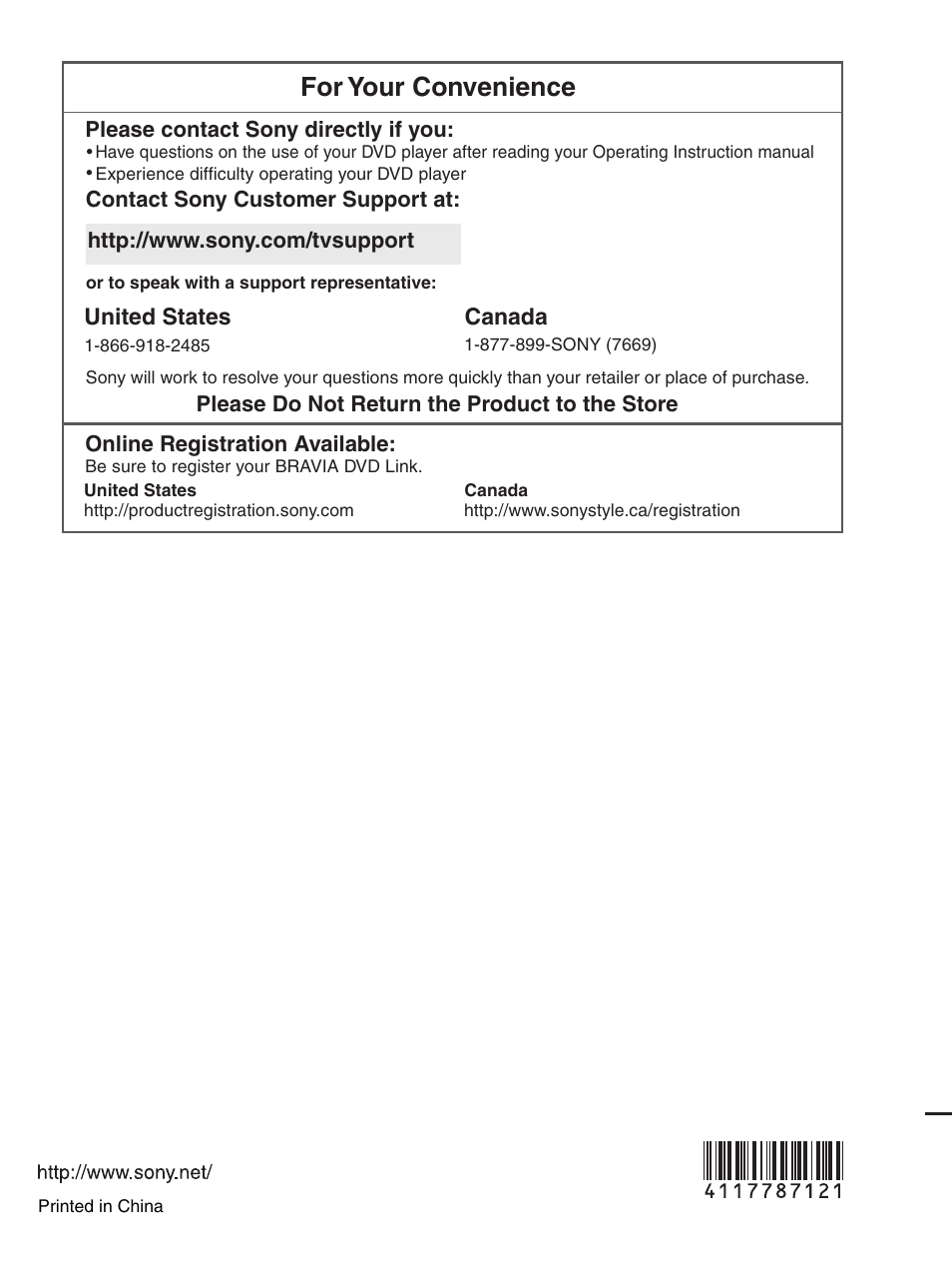 For your convenience, United states, Canada | Please do not return the product to the store, Please contact sony directly if you, Online registration available | Sony DMX-DVD User Manual | Page 56 / 56