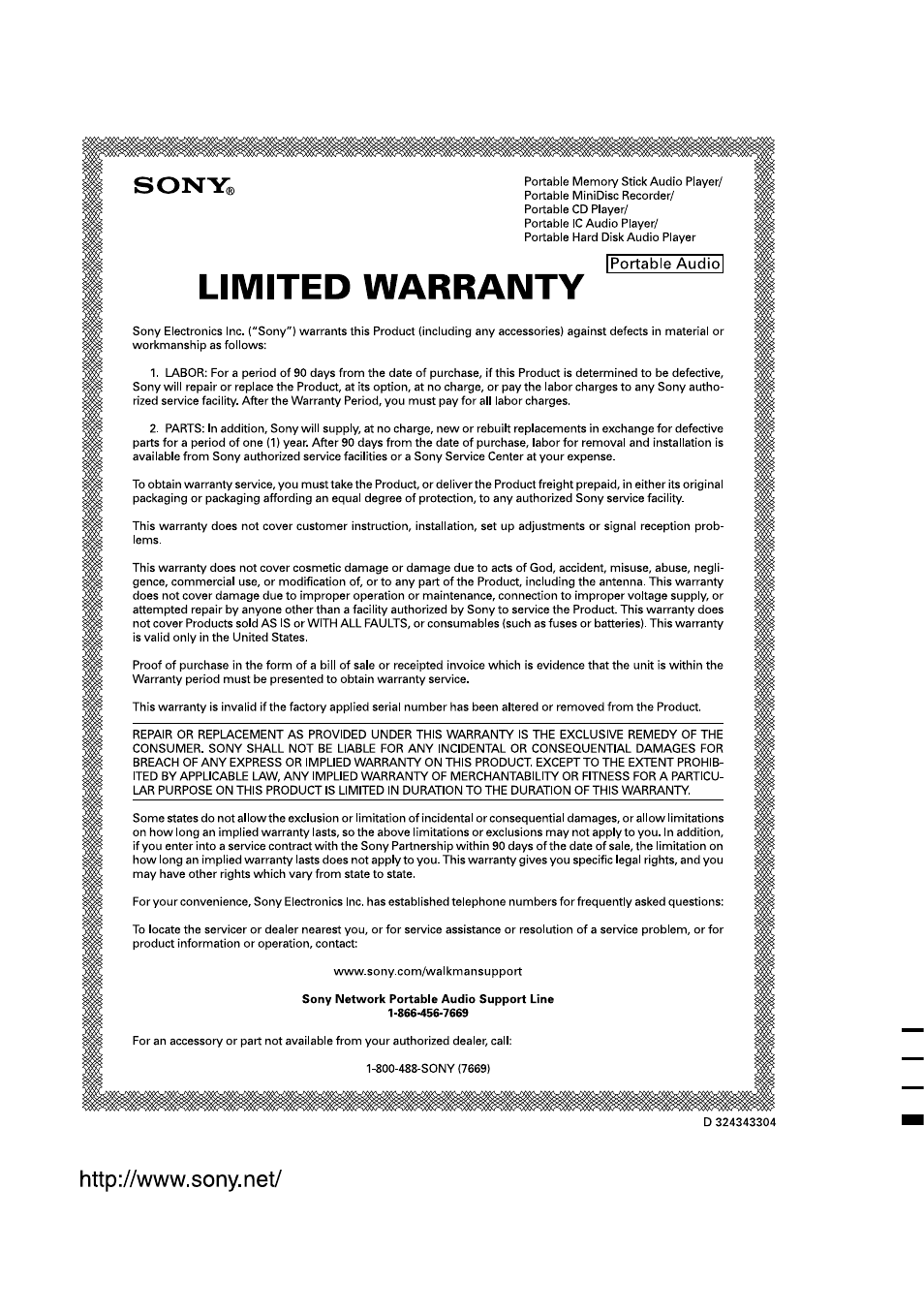 This warranty is valid only in the united states | Sony NW-E75 User Manual | Page 48 / 48