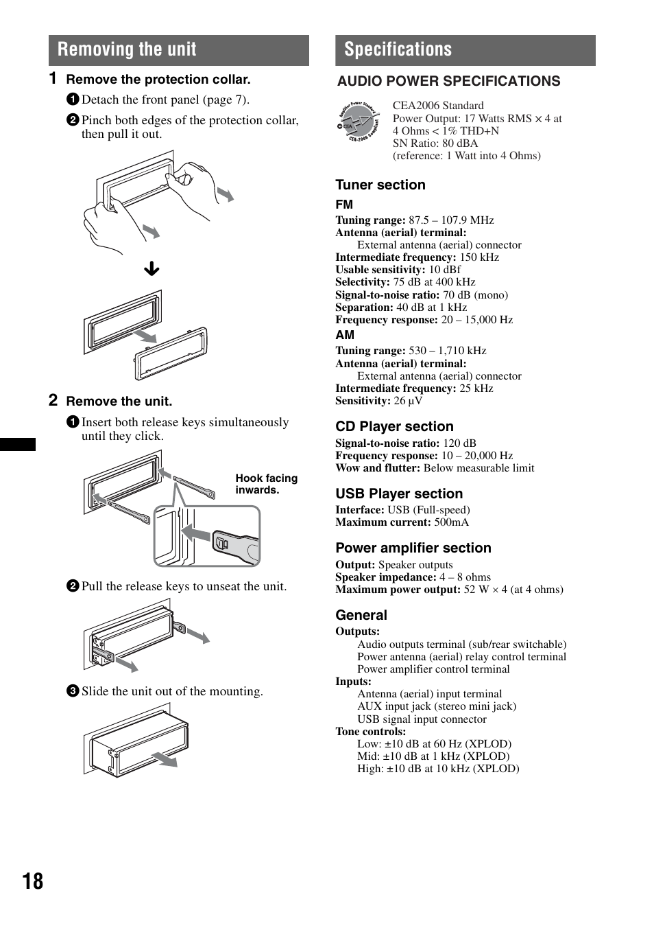 Removing the unit, Specifications, Removing the unit specifications | Sony CDX-GT35UW User Manual | Page 18 / 44