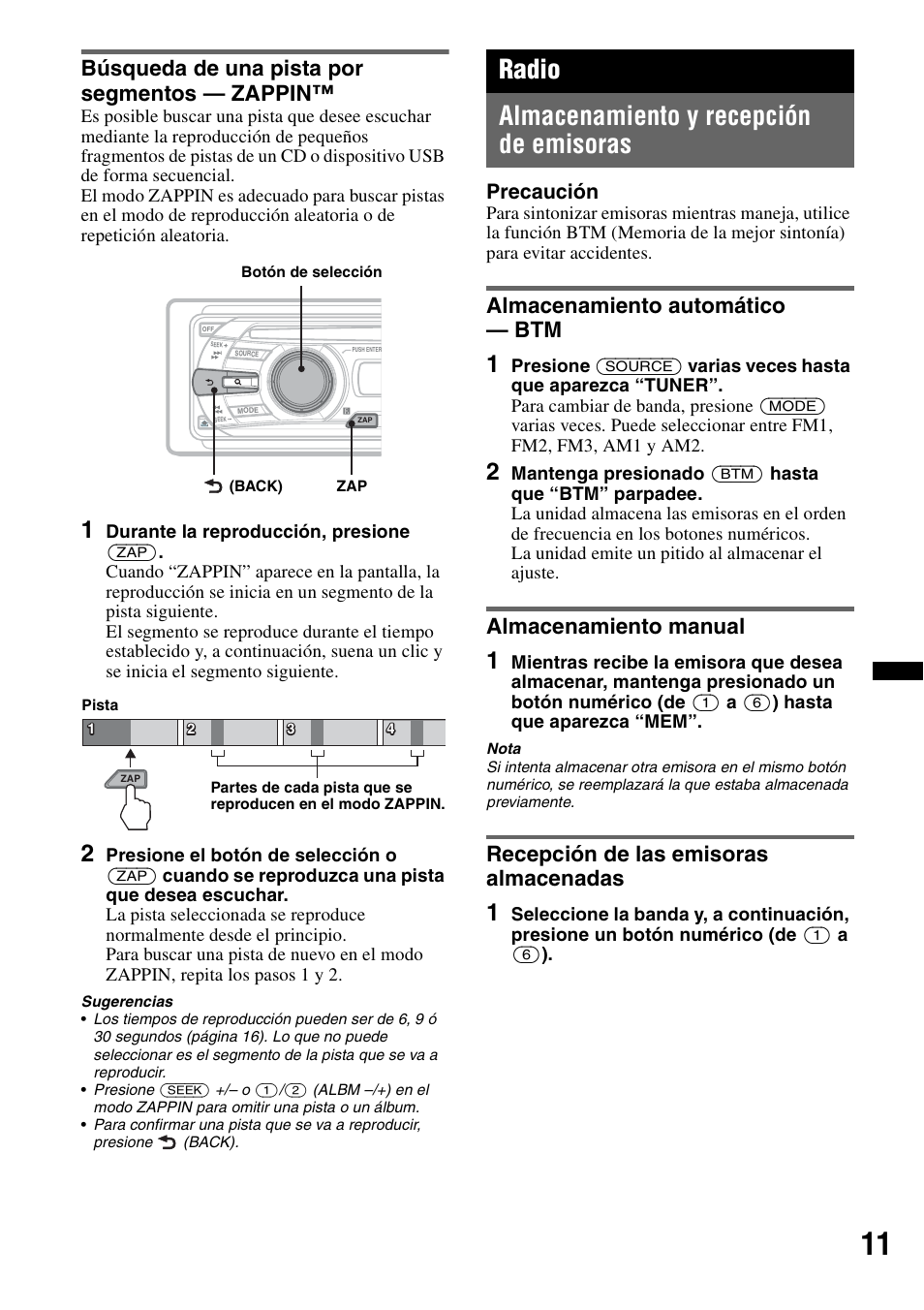Búsqueda de una pista por segmentos - zappin, Radio, Almacenamiento y recepción de emisoras | Almacenamiento automático - btm, Almacenamiento manual, Recepción de las emisoras almacenadas, Búsqueda de una pista por segmentos — zappin, Radio almacenamiento y recepción de emisoras, Almacenamiento automático — btm, Precaución | Sony CDX-GT35UW User Manual | Page 31 / 44