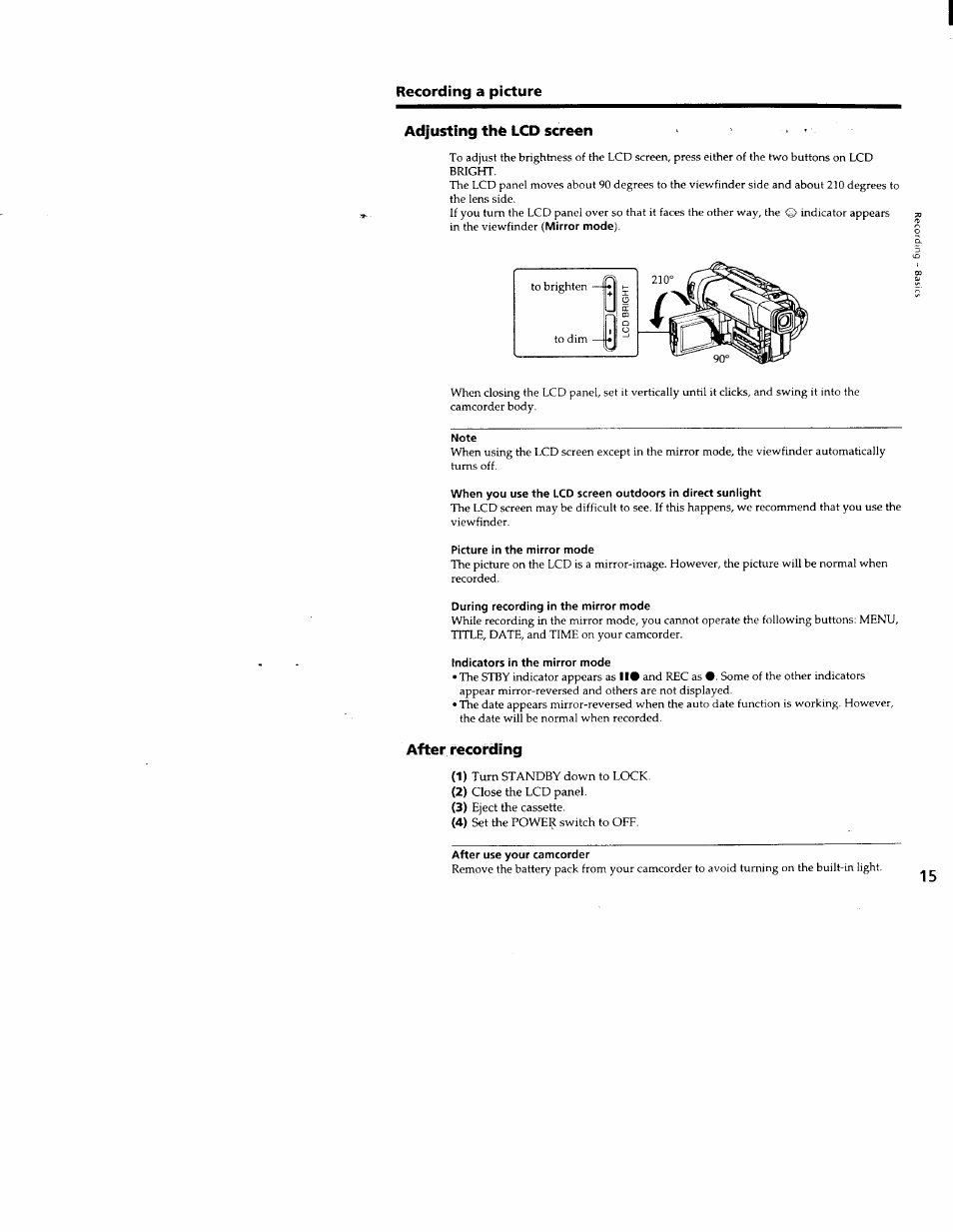 Adjusting thè lcd screen, Note, Picture in the mirror mode | During recording in the mirror mode, Indicators in the mirror mode, After recording, After use your camcorder | Sony CCD-TRV66 User Manual | Page 15 / 84