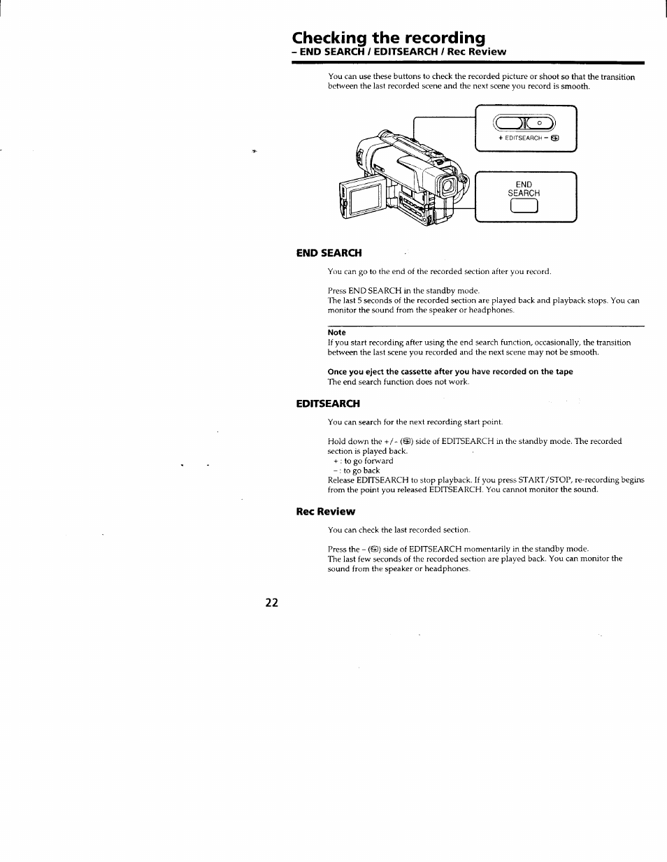 Checking the recording, End search / editsearch / rec review, End search | Note, Editsearch, Rec review, Viewing the recording on tv | Sony CCD-TRV66 User Manual | Page 22 / 84