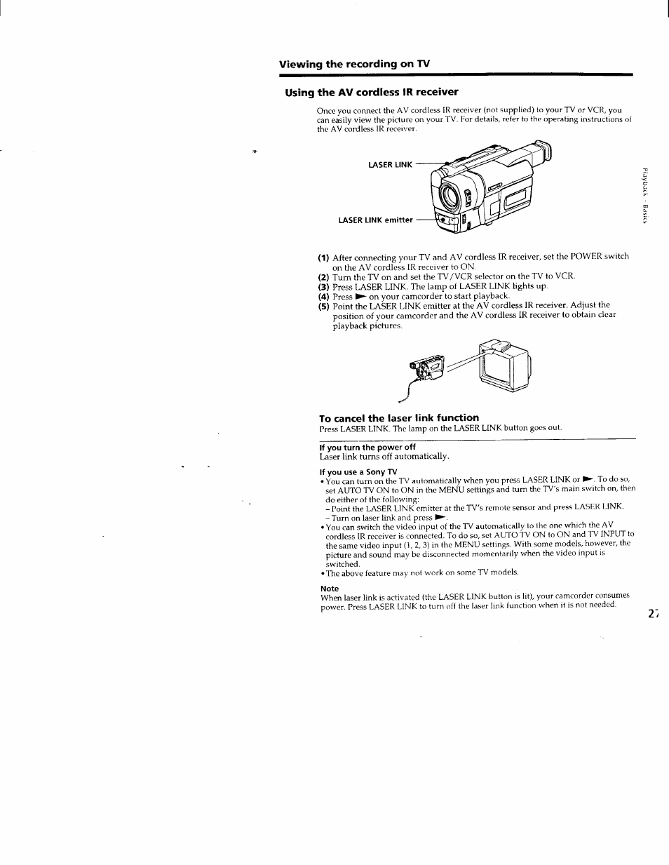 Viewing the recording on tv, Using the av cordless ir receiver, To cancel the laser link function | If you turn the power off, If you use a sony tv, Note | Sony CCD-TRV66 User Manual | Page 27 / 84
