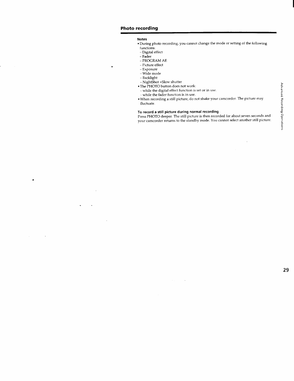 Photo recording, Notes, To record a still picture during normal recording | Sony CCD-TRV66 User Manual | Page 29 / 84