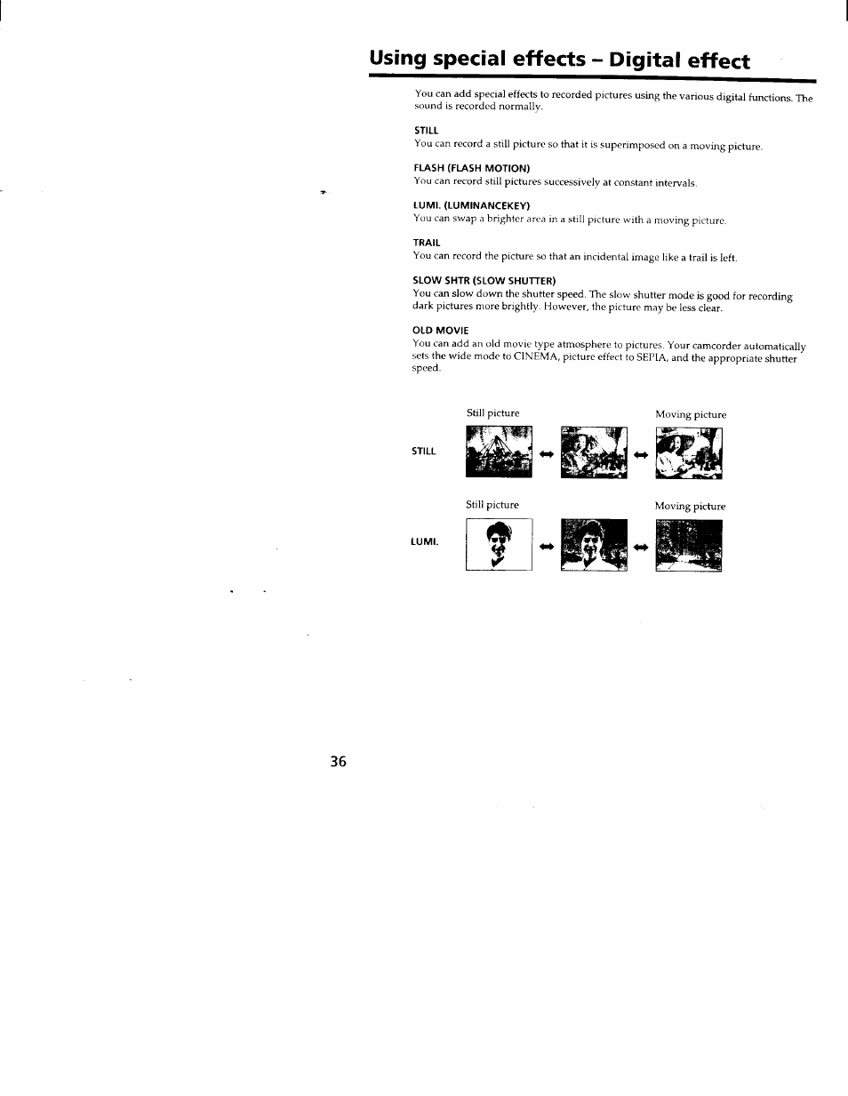 Using special effects - digital effect | Sony CCD-TRV66 User Manual | Page 36 / 84