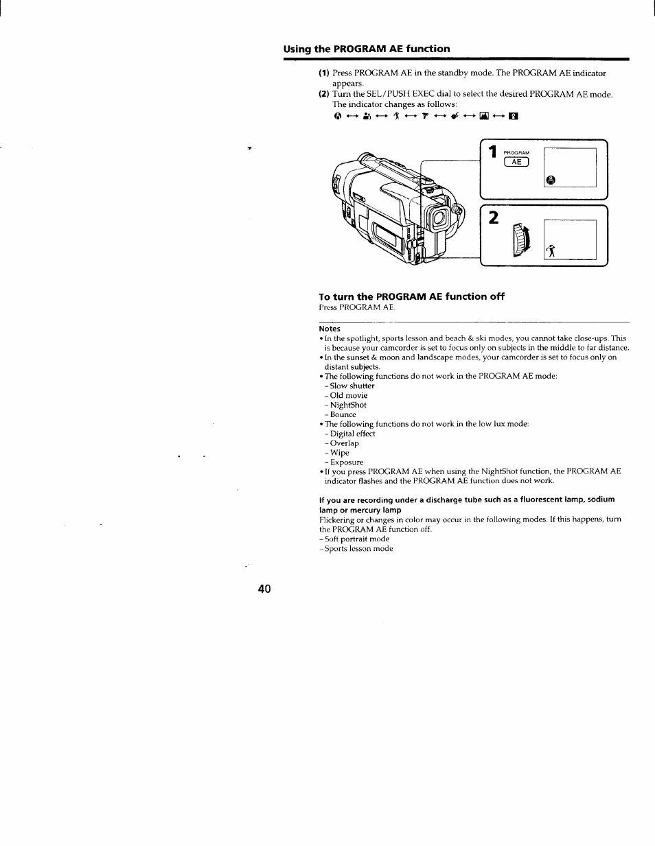 To turn the program ae function off, Notes | Sony CCD-TRV66 User Manual | Page 40 / 84