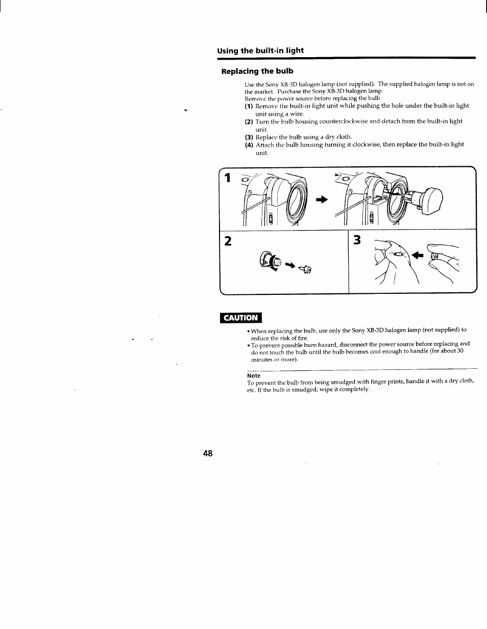 Using the built-in light, Replacing the bulb | Sony CCD-TRV66 User Manual | Page 48 / 84