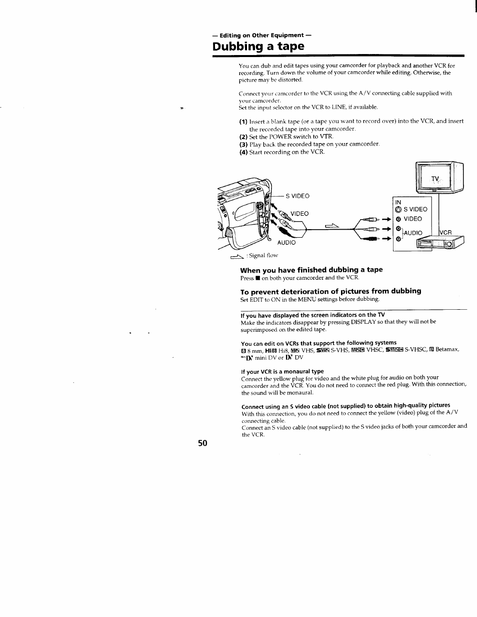Editing on other equipment, Dubbing a tape, When you have finished dubbing a tape | To prevent deterioration of pictures from dubbing, If your vcr is a monaural type | Sony CCD-TRV66 User Manual | Page 50 / 84