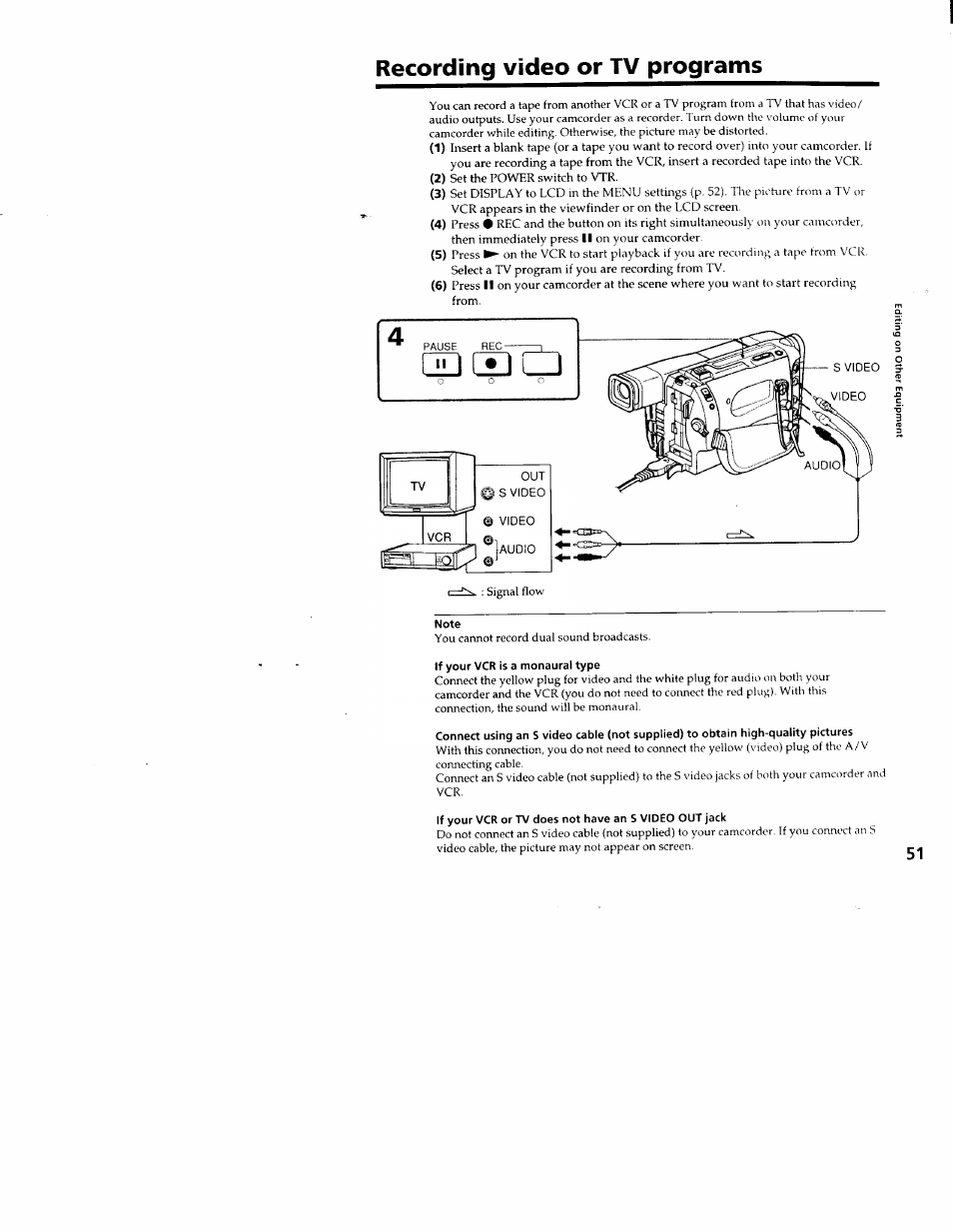 Recording video or tv programs, Note, If your vcr is a monaural type | Sony CCD-TRV66 User Manual | Page 51 / 84