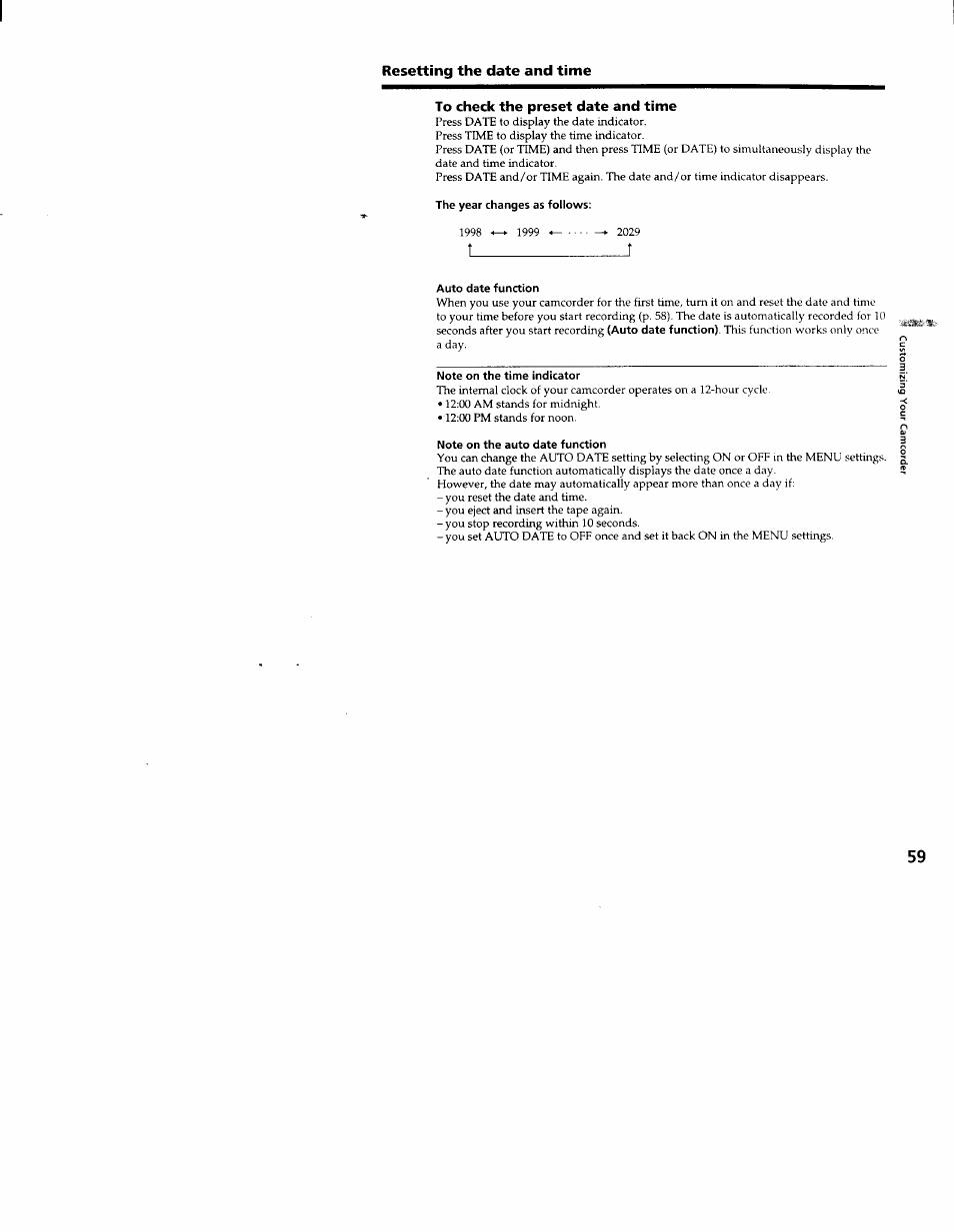 Resetting the date and time, To check the preset date and time | Sony CCD-TRV66 User Manual | Page 59 / 84