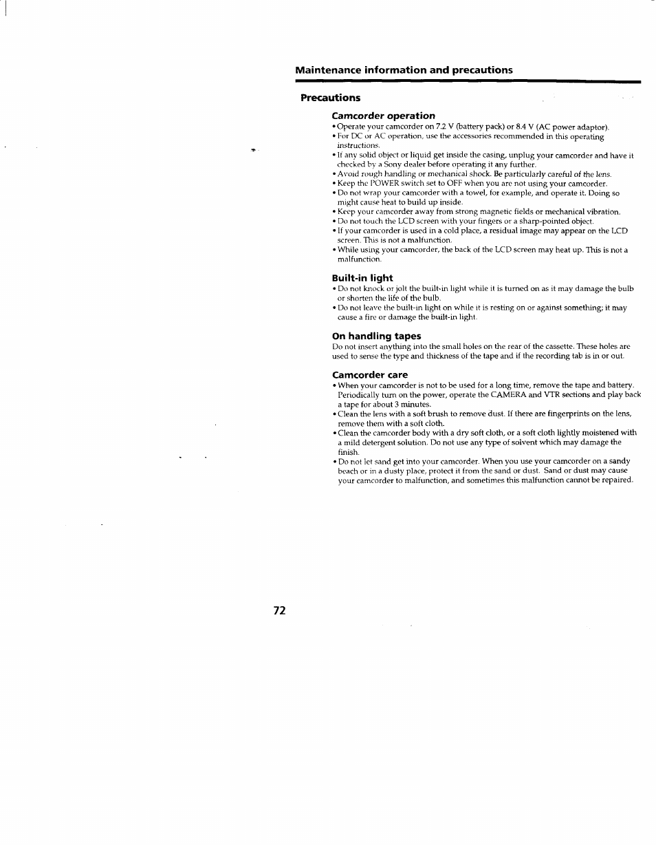 Precautions, Camcorder operation, Built-in light | On handling tapes, Camcorder care | Sony CCD-TRV66 User Manual | Page 72 / 84