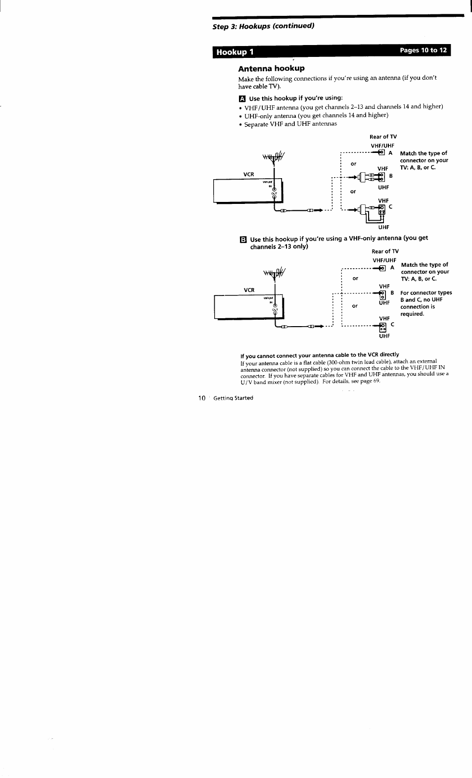 Hookup 1, Q use this hookup if you're using, Antenna hookup | Sony SLV-662HF User Manual | Page 10 / 80