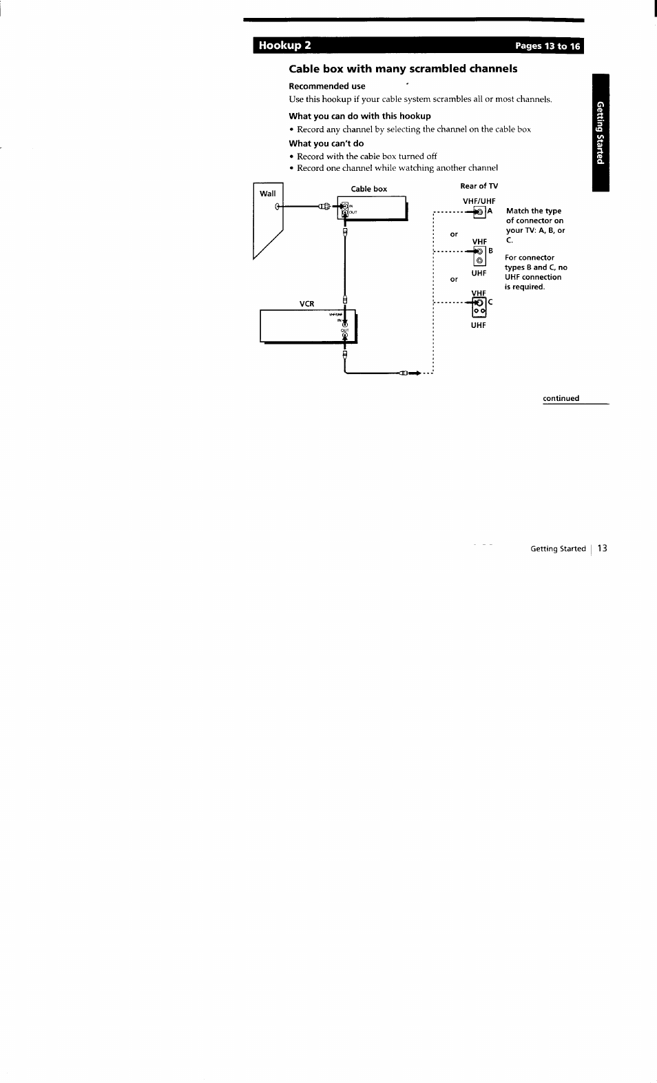 Cable box with many scrambled channels, Recommended use, What you can do with this hookup | What you can't do, Hookup 2 | Sony SLV-662HF User Manual | Page 13 / 80