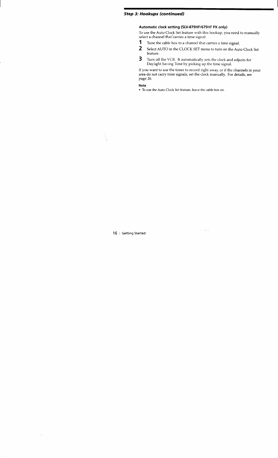 Automatic clock setting (slv-679hf/679hf px only), Note | Sony SLV-662HF User Manual | Page 16 / 80