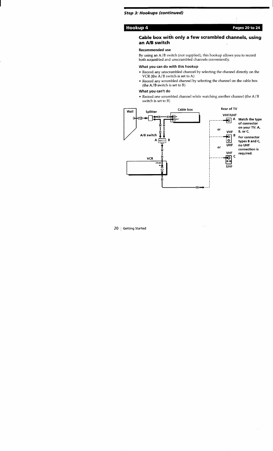 Hookup 4, Recommended use, What you can do with this hookup | What you can't do, Rear of tv, Vhf/uhf | Sony SLV-662HF User Manual | Page 20 / 80