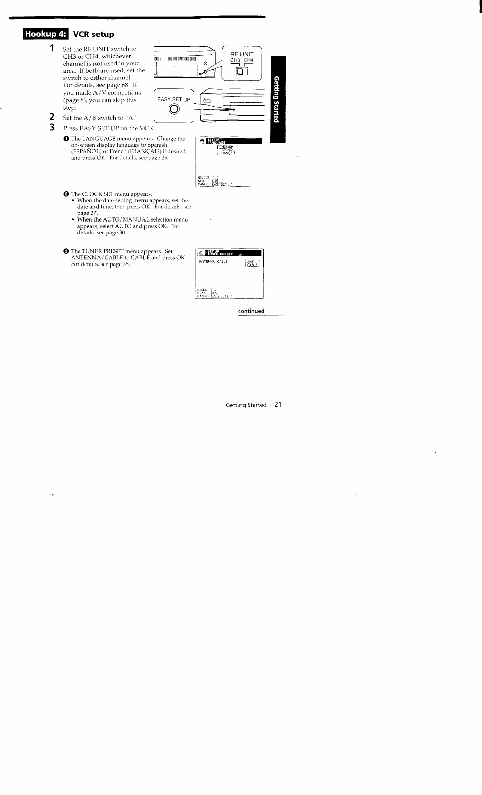 Continued, Hookup 4, Vcr setup | Sony SLV-662HF User Manual | Page 21 / 80