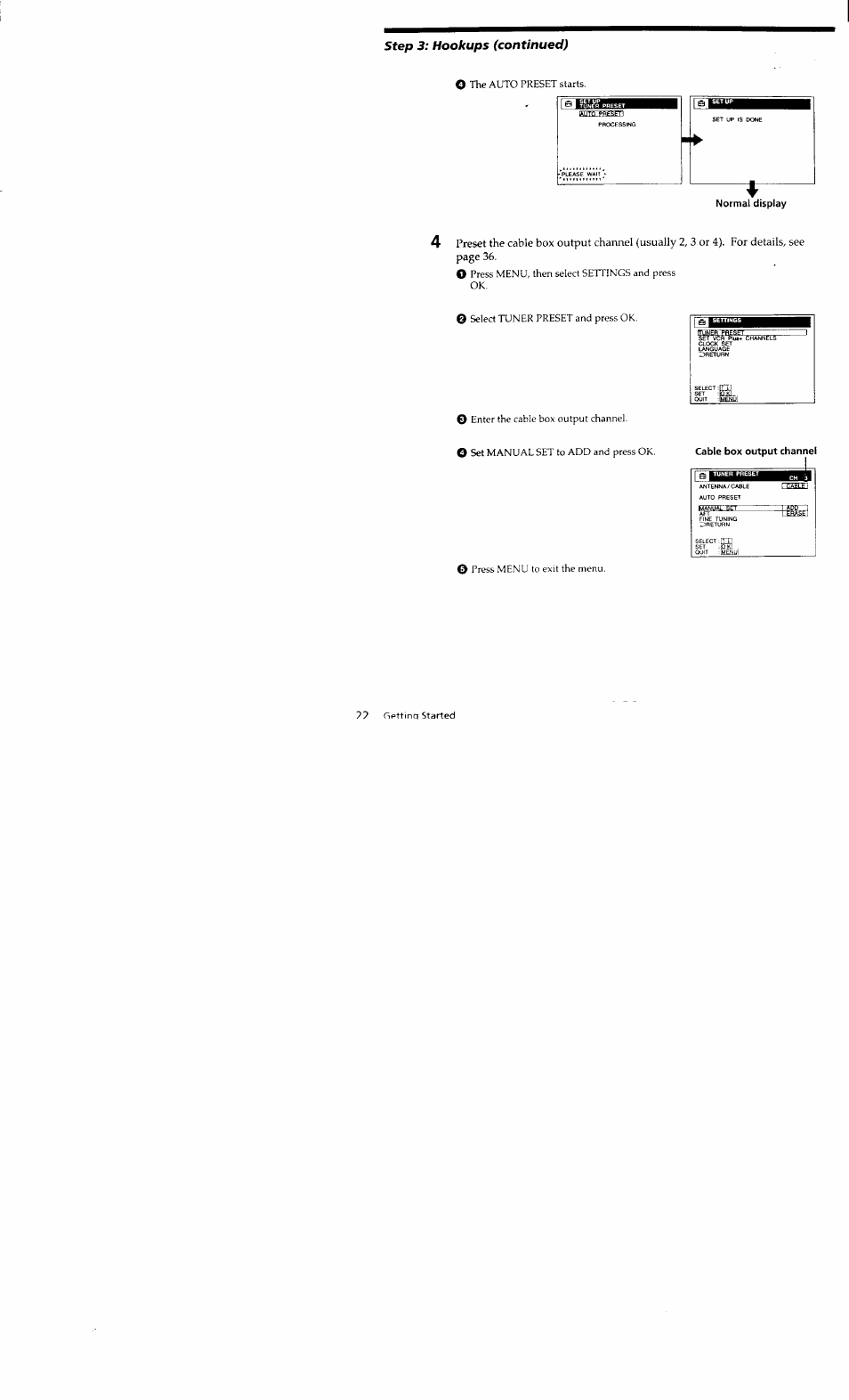 Step 3: hookups (continued), Preset the cable box output channel (usually, 3 or 4). for details, see page 36 | Sony SLV-662HF User Manual | Page 22 / 80