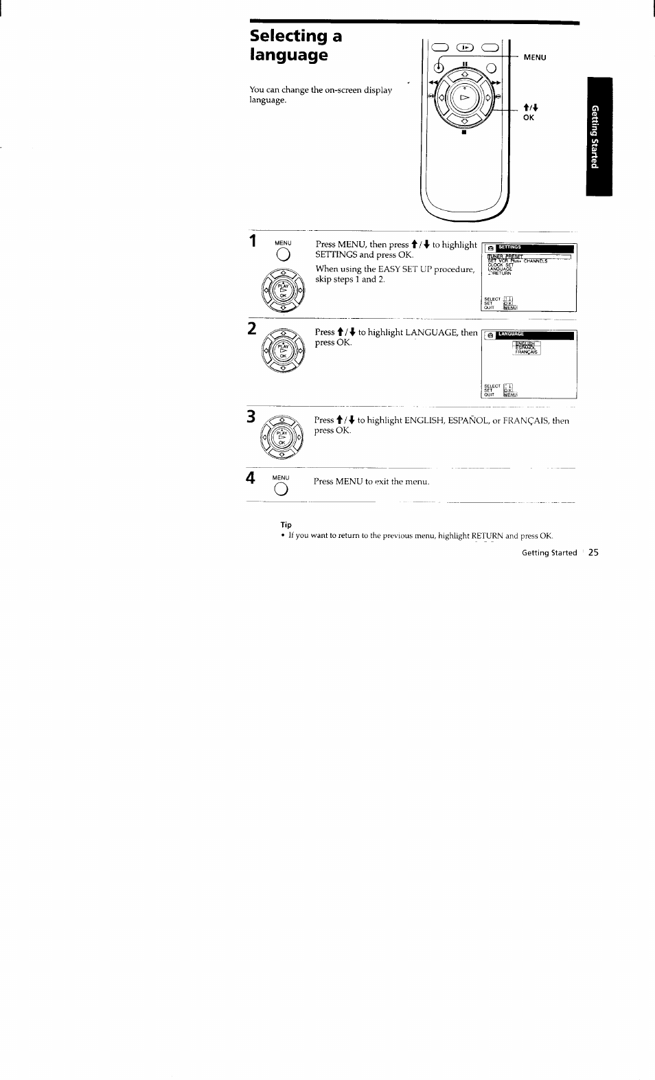 Selecting a language | Sony SLV-662HF User Manual | Page 25 / 80