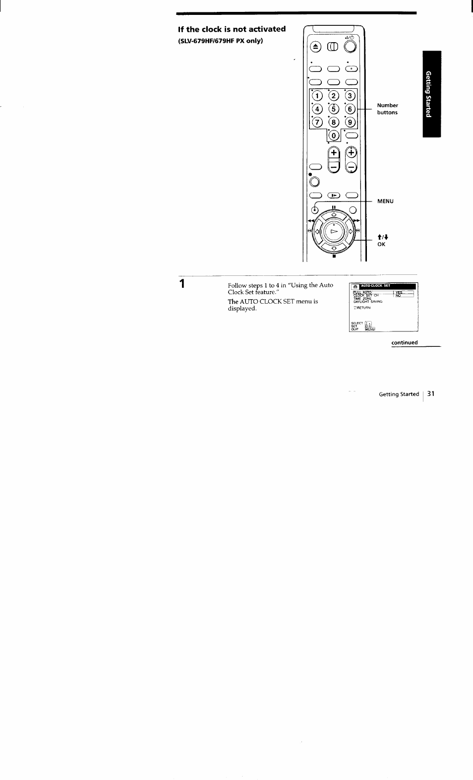 If the clock is not activated, Slv-679hf/679hf px only), Continued | Sony SLV-662HF User Manual | Page 32 / 80