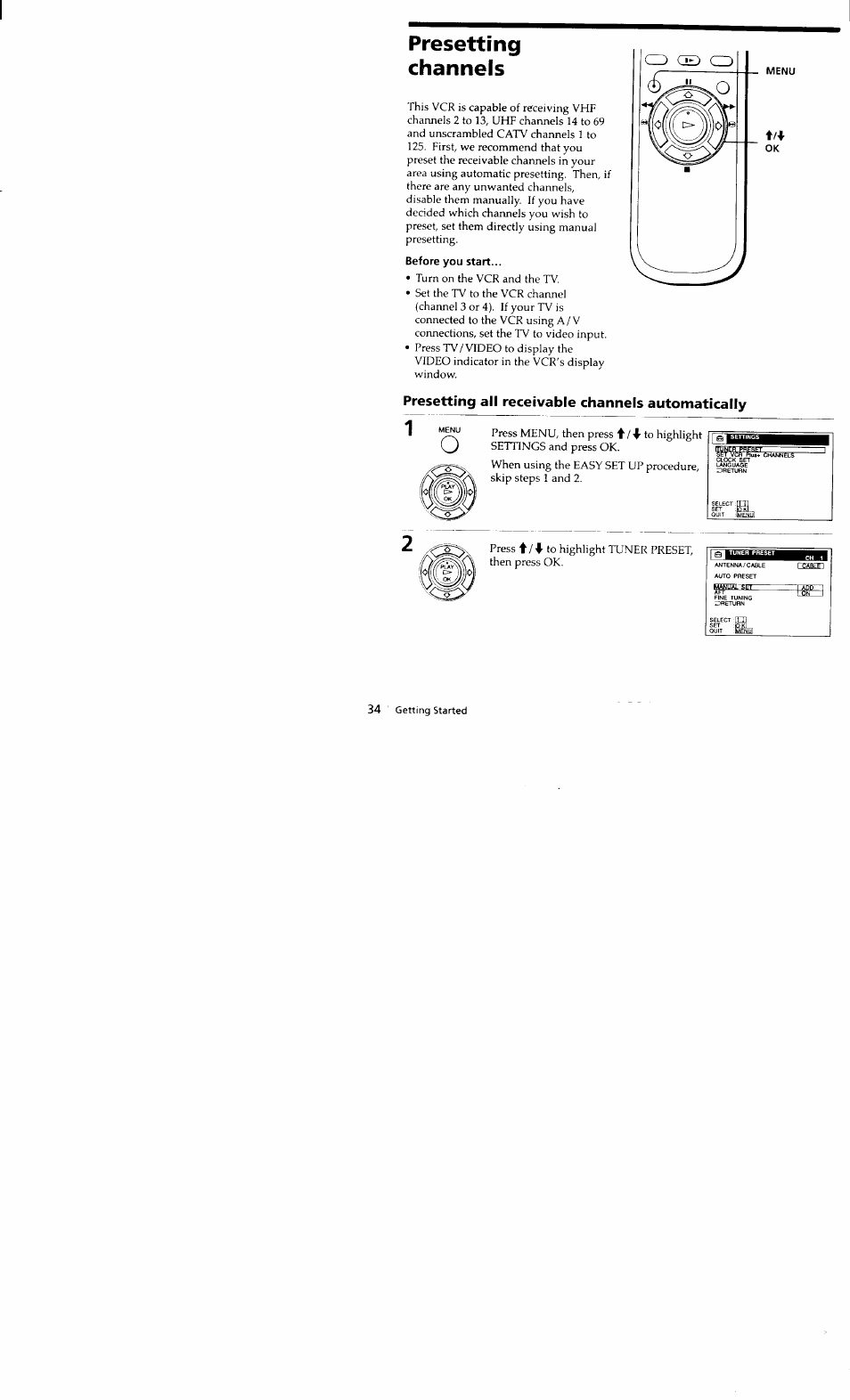 Presetting, Channels, Before you start | Presetting all receivable channels automatically, Presetting channels | Sony SLV-662HF User Manual | Page 35 / 80