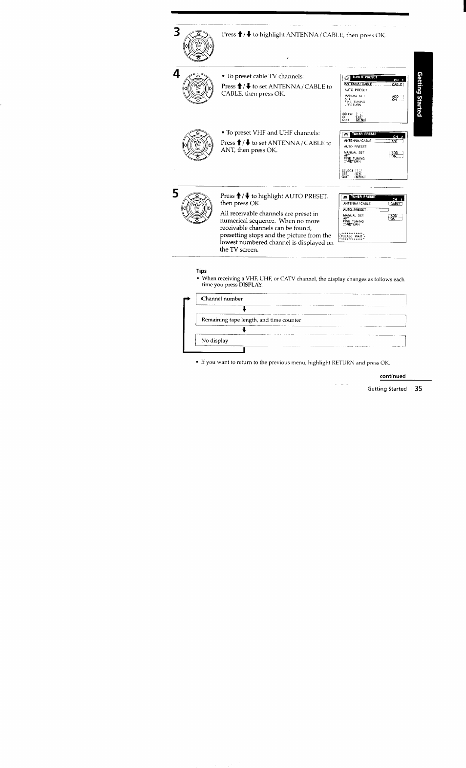 Channel number, Tips, Continued getting started ! 35 | Sony SLV-662HF User Manual | Page 36 / 80
