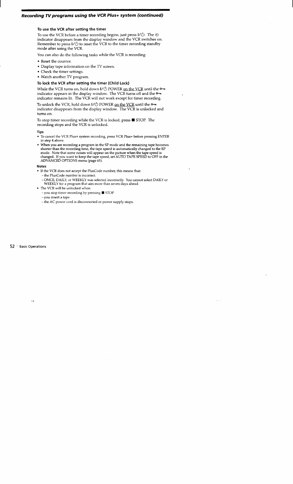 To use the vcr after setting the timer, Tips, Notes | Sony SLV-662HF User Manual | Page 53 / 80
