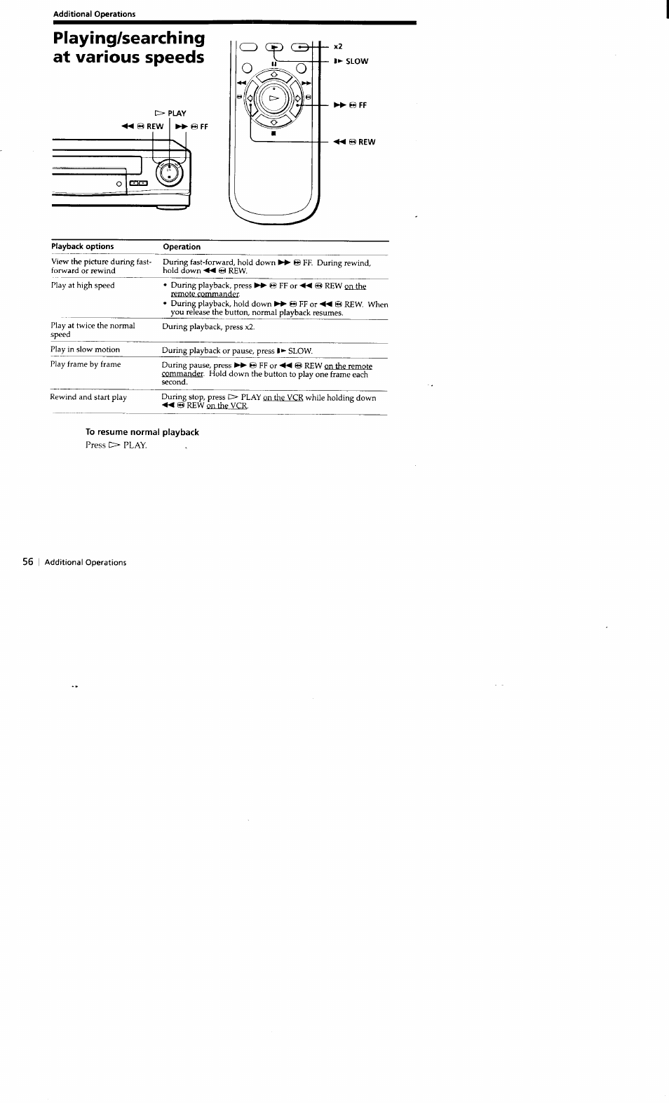 Additional operations, Playing/searching at various speeds, I © rew | To resume normal playback | Sony SLV-662HF User Manual | Page 57 / 80