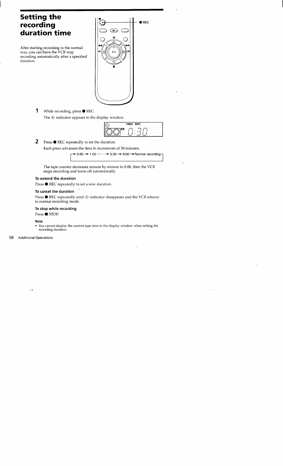 Setting the recording duration time, To extend the duration, To cancel the duration | To stop while recording, Note, Ill 1 1 -'ll 1 | Sony SLV-662HF User Manual | Page 59 / 80